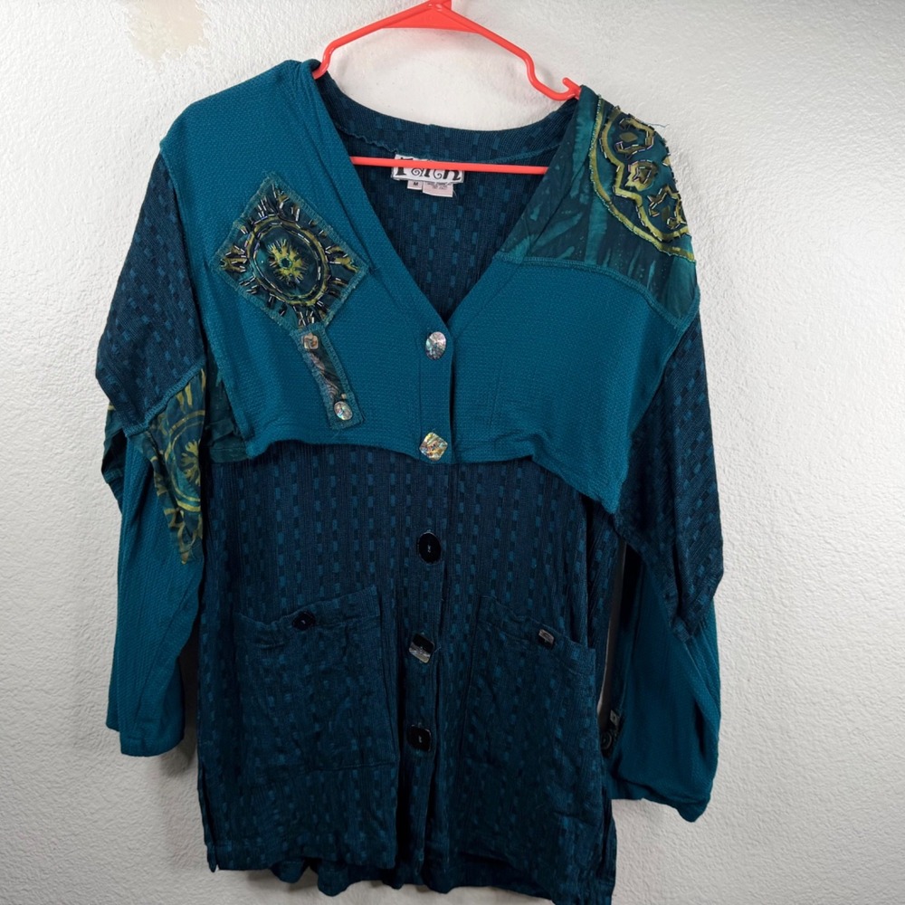 Faith Top Jacket Womens Button Up Embellished Blue Sz M Artsy Eclectic Lagenlook